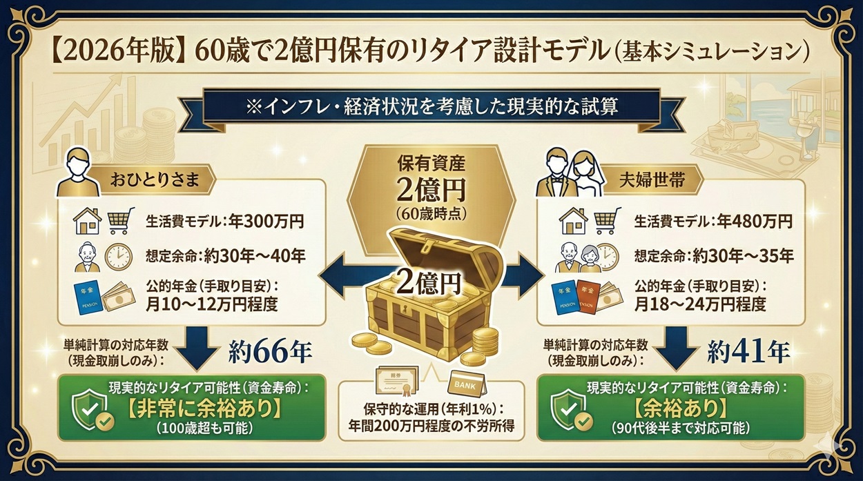ケース：60歳で2億円保有した場合のリタイア可能性