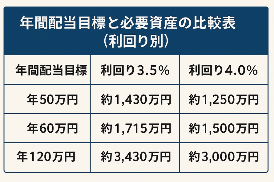 年間配当目標と必要資産の比較表