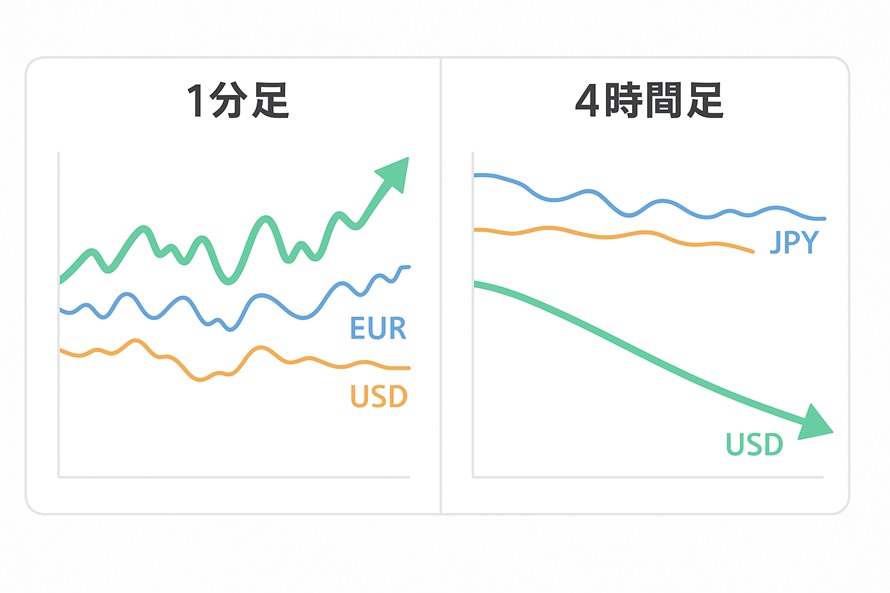 時間足別に強弱の見え方が変化