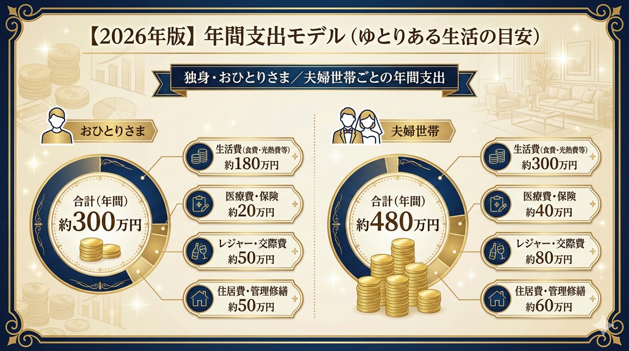 独身・おひとりさま／夫婦世帯ごとの年間支出モデルと2億円で暮らせる年数の目安
