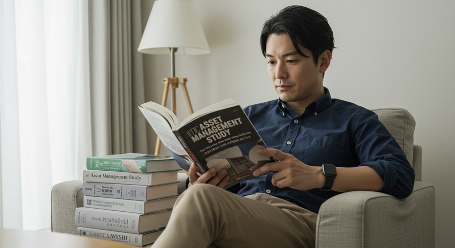 書籍で投資を学ぶ男性