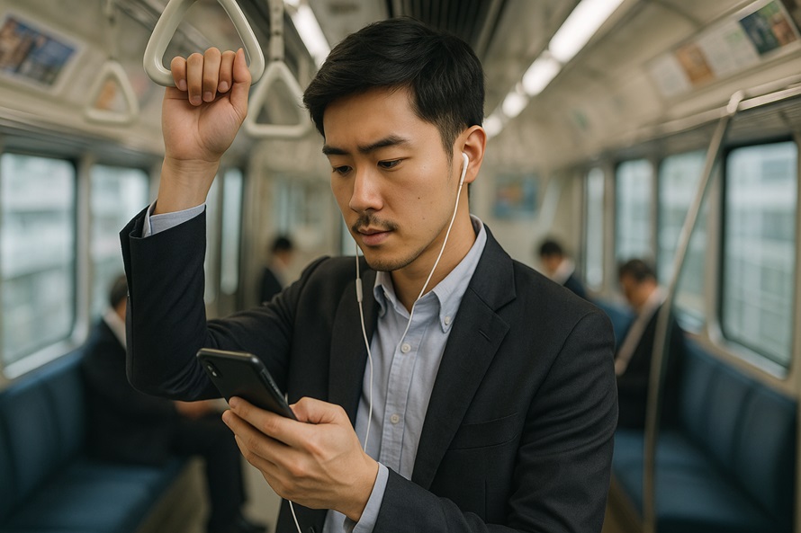 通勤時間に動画学習する男性