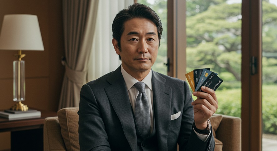 複数のクレジットカードを持つ男性