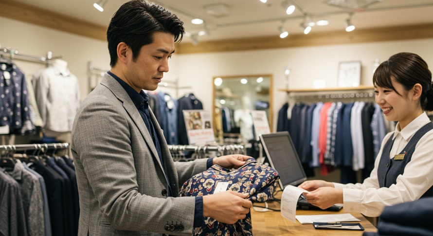 洋服を買って領収書を受け取る男性