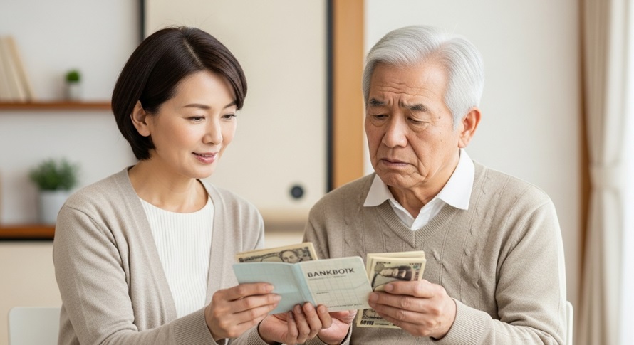 認知症の親に通帳と現金を見せる娘