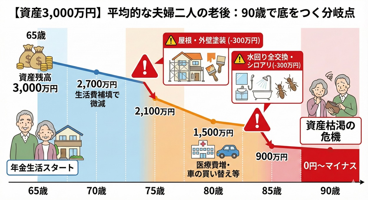【資産3,000万円】平均的な夫婦二人の老後|90歳で底をつく分岐点