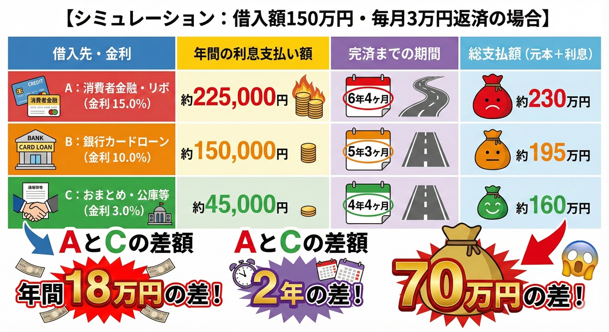 シミュレーション：借入額150万円・毎月3万円返済の場合